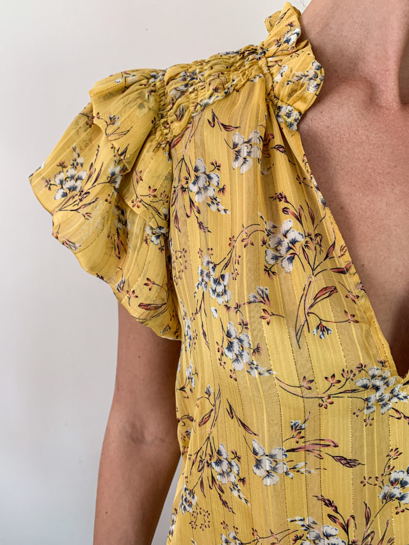 top jaune, blouse jaune fleurie