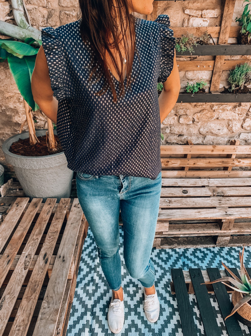 top bleu marine, top été, top coton